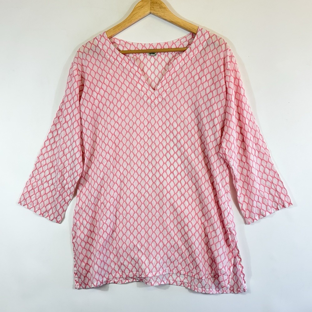 Dolma Tunic Top Womens Medium Pink Diamond Indian Cotton Boho Coastal Preppy